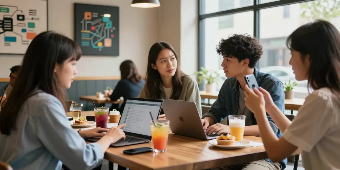 Engaged professionals discussing teiegramin.com features in a modern cafe, highlighting social connectivity.