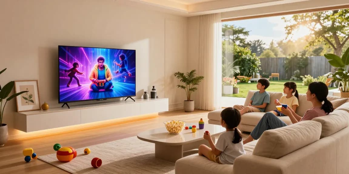 Family enjoying movie night with a mini LED TV in a cozy living room setting.
