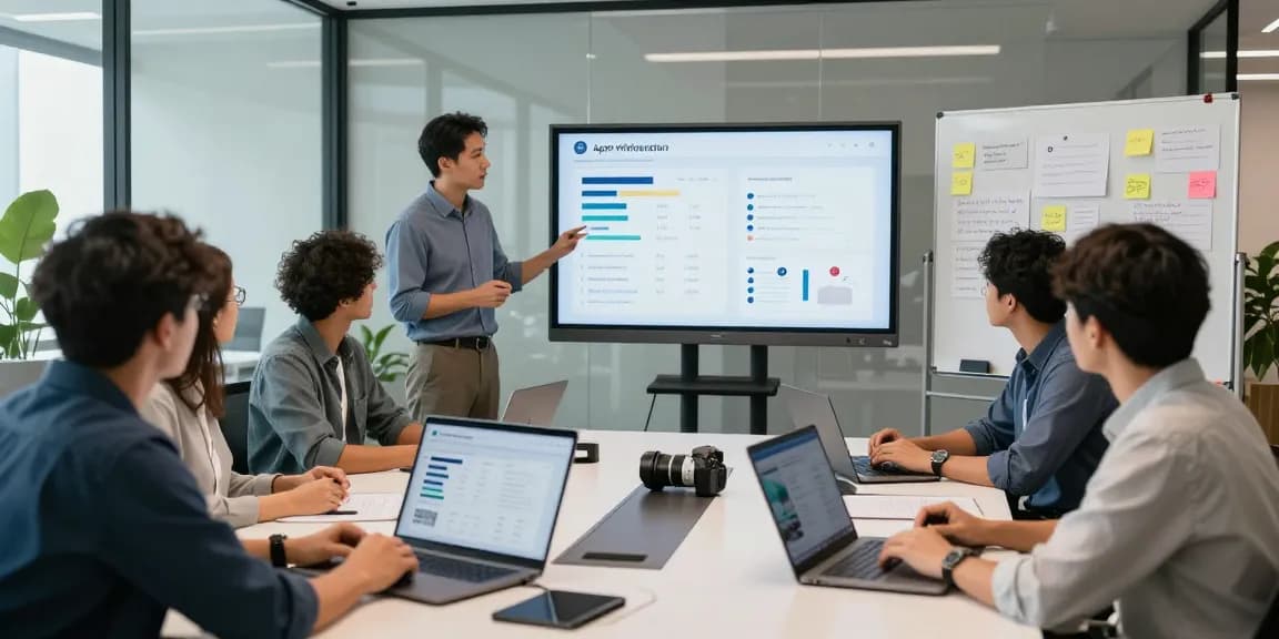 Team discussing an age verification system in a modern tech workspace, showcasing collaboration and technology.