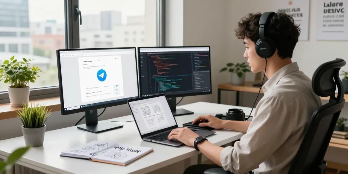 Engaging workspace featuring telegramin-cn.com on dual screens, showcasing coding and innovative workflow.
