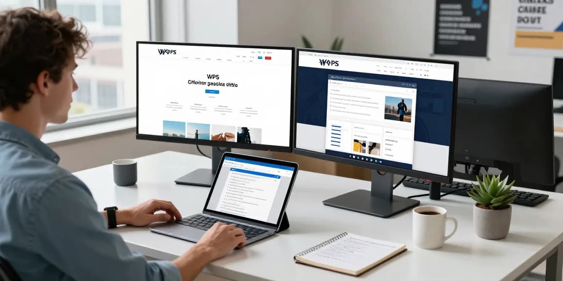 Professional highlight of WPS Official Website featuring a modern workspace, dual monitors, and productive atmosphere.