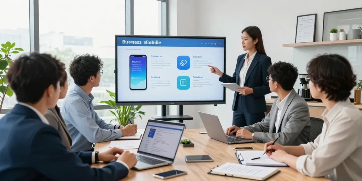 Dynamic business mobile comparison UK meeting with professionals discussing plans and strategies in a modern office.