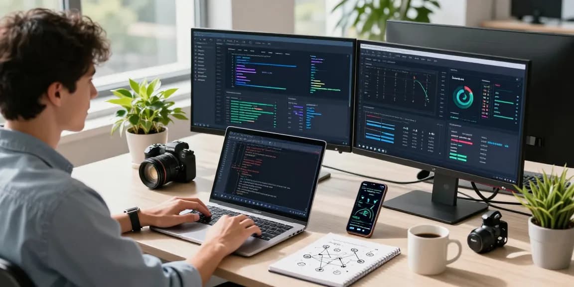 Fast and secure connectivity with 快连 in a modern tech workspace featuring network performance displays and engaging atmosphere.