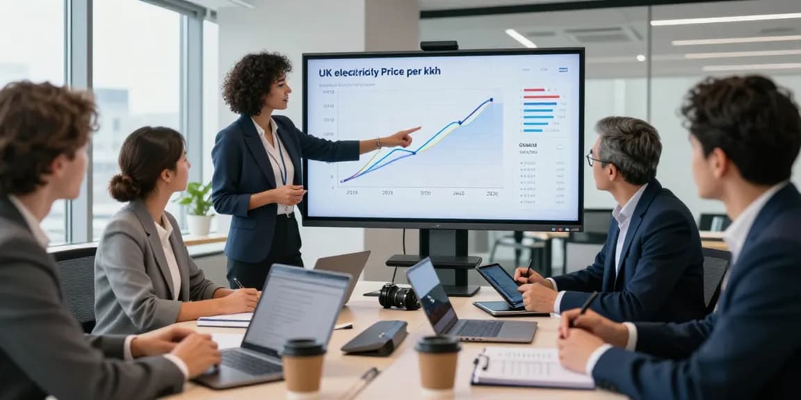 Business professionals discussing UK electricity price per kWh 2026 in a collaborative office setting, analyzing charts and strategies.