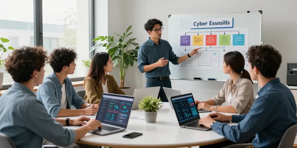 Cyber essentials quote illustrated by a cybersecurity team collaborating in a modern office setting.