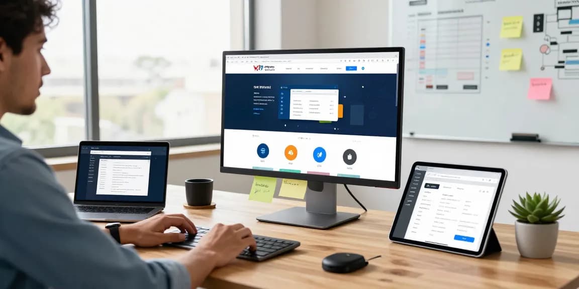 WPS Official Website displayed on a monitor in a modern office workspace, showcasing software features and a productive atmosphere.