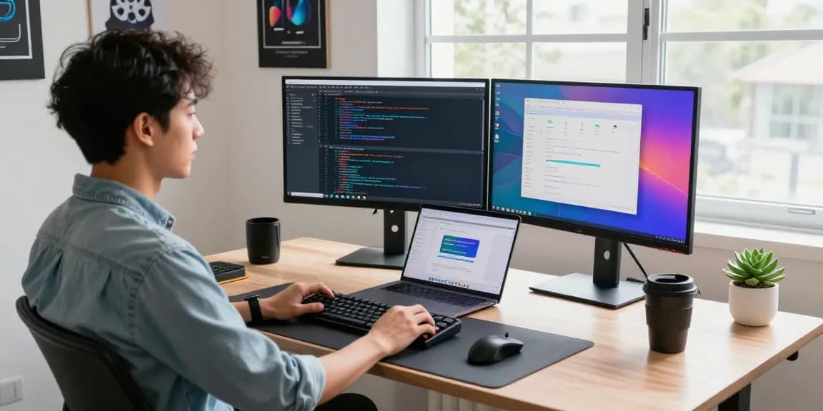Experience the seamless Telegram Download in a modern workspace setting with vibrant coding and app design.