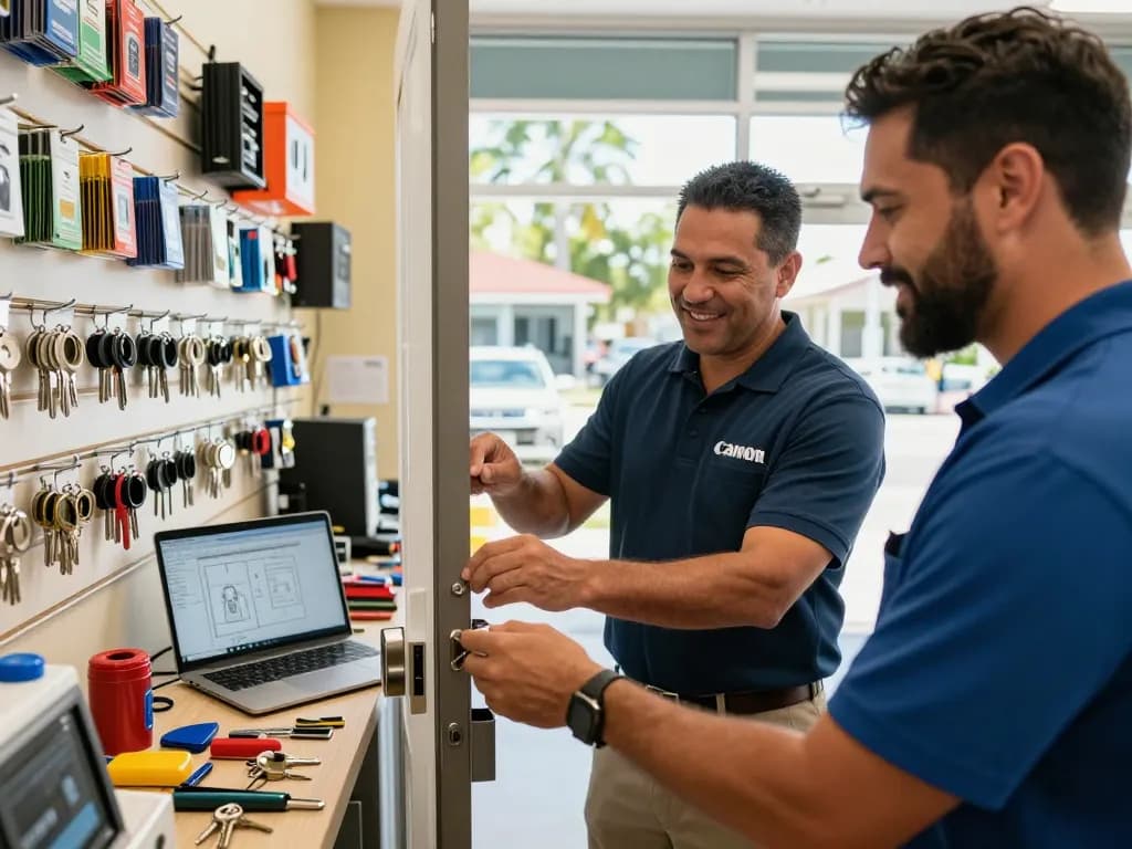 Expert locksmith in Stuart Florida repairing a door lock in a bright and welcoming shop.