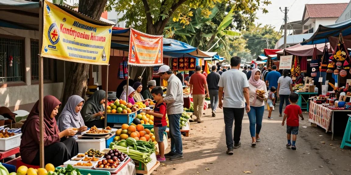 Pasar lokal di Sakarya, Indonesia dengan Leci123, menampilkan berbagai produk segar dan kerajinan tangan.