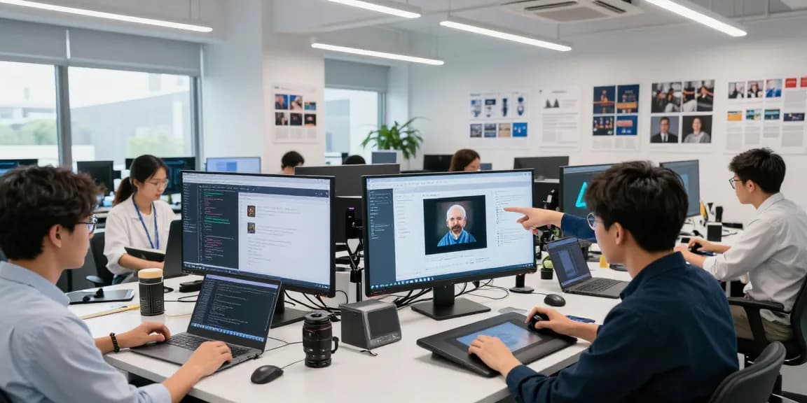 AI image detector team analyzing results in a cutting-edge lab environment.
