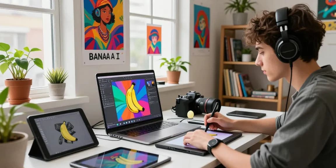 Artist using nano banana AI image editor in a vibrant studio.