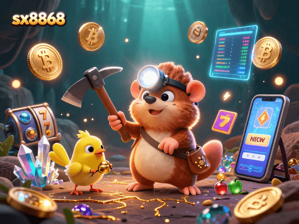 Engage with sx8868's vibrant treasure game, featuring a mole miner amidst gold and crypto.