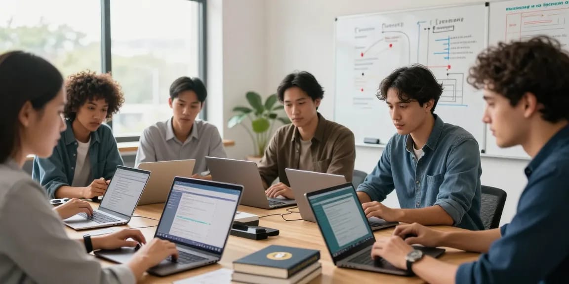 Workshop scene focused on techniques to recover lost crypto with a diverse team analyzing blockchain data and collaborative strategies.