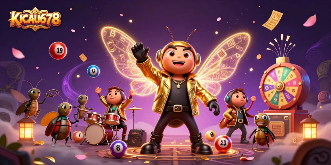 KICAU678 showcases a vibrant 3D scene of a cicada rock star and friends in a dynamic lottery celebration