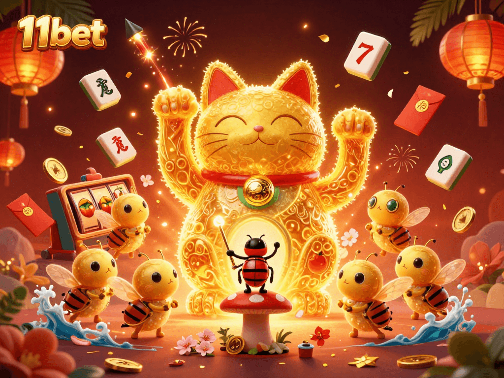 Engage with 11bet's exhilarating slots through a rich, vibrant scene full of casino symbols.