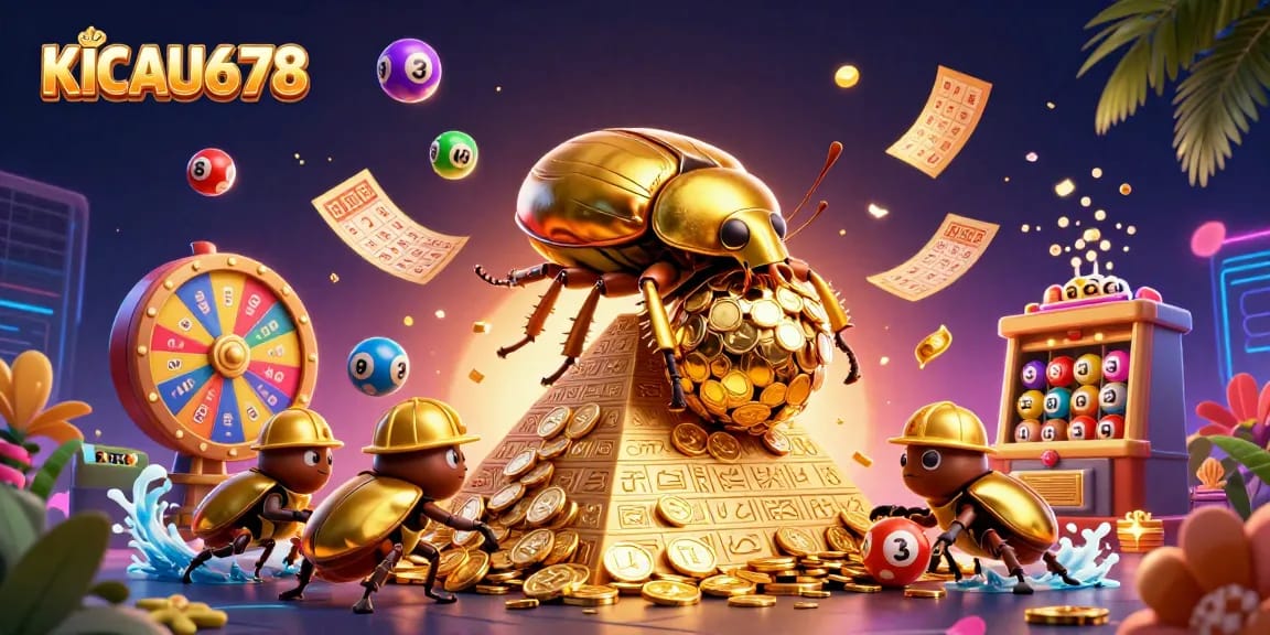 KICAU678 slots online experience illustrated with a golden beetle rolling coins, dynamic gaming elements, and vibrant colors