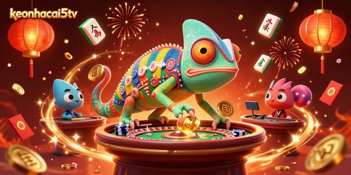 Engage with keonhacai5tv’s vibrant casino scene showcasing unique characters and festive elements.