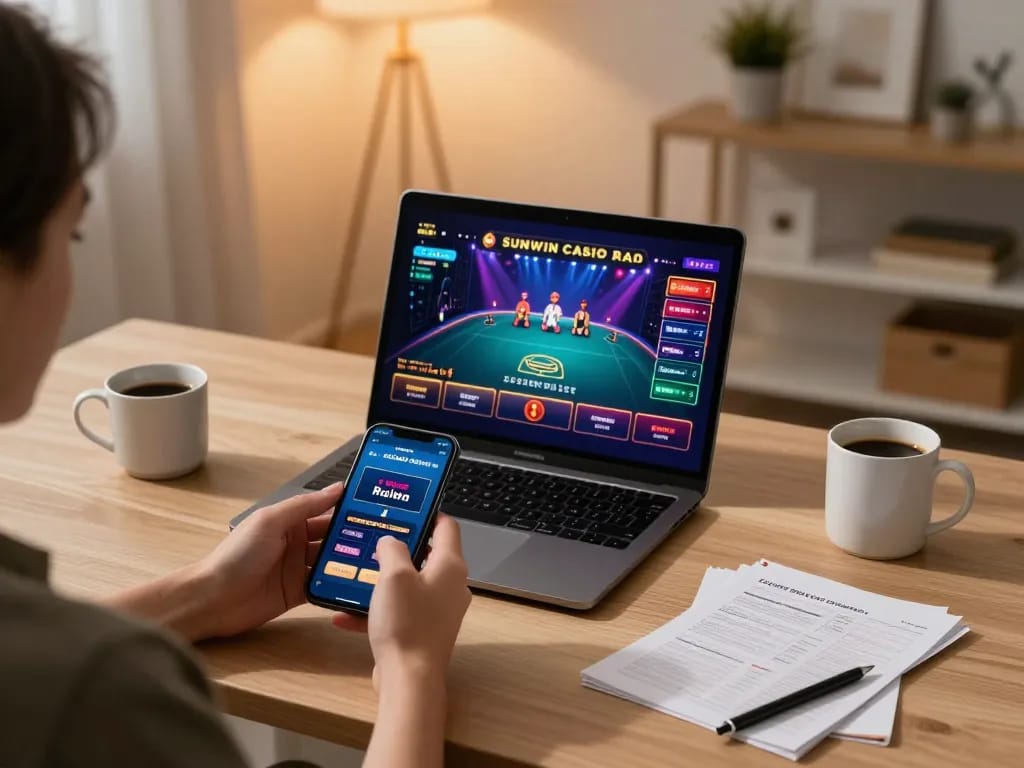 SUNWIN player enjoying online casino gaming with smartphone and laptop, warm cozy atmosphere.