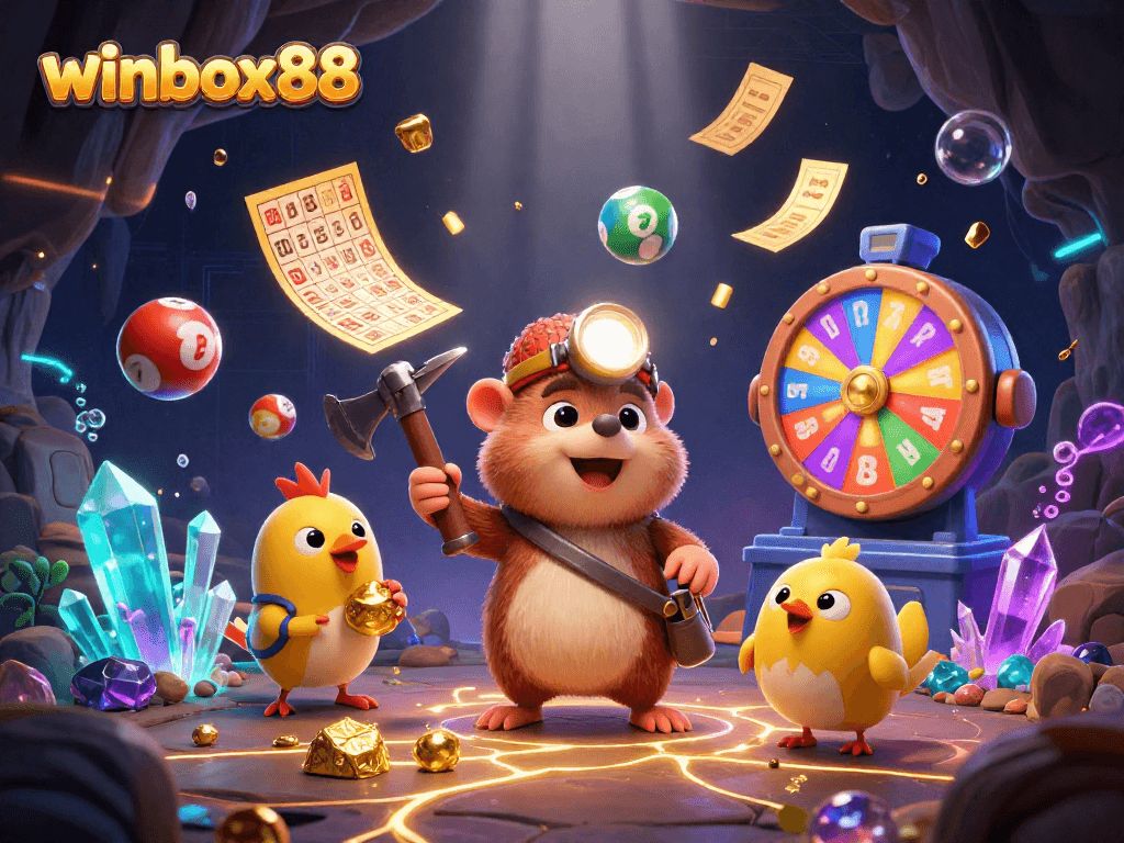 Winbox88 treasure hunter mole explores a vibrant cave of riches with lottery elements.