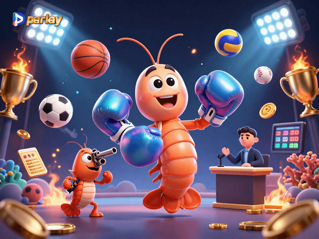 Engage in parlay betting with a vibrant scene featuring animated aquatic characters and dynamic sports elements.