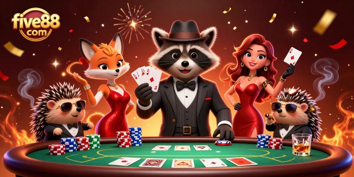 Experience exciting poker action at five88 com with charming characters in vibrant 3D casino scene.