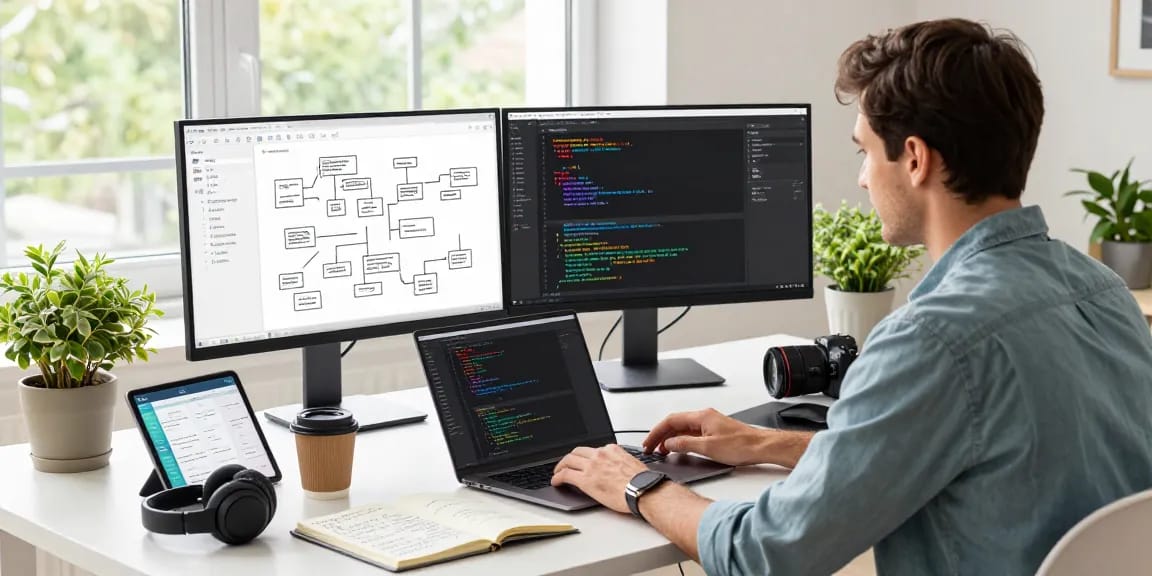 Build internal tools with AI in a modern workspace featuring a developer coding with dual monitors.