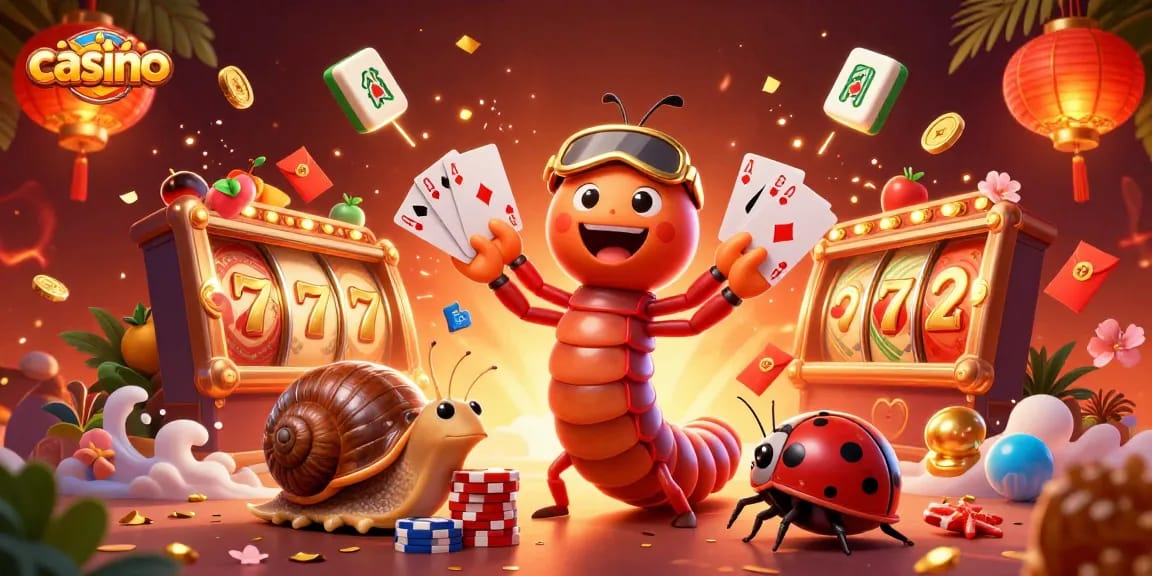 Experience the excitement of a casino with a cartoon millipede dealer and vibrant gaming elements.