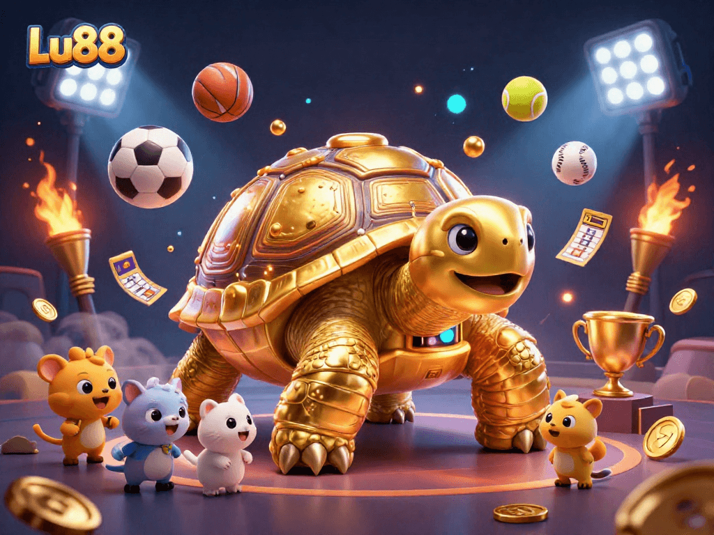Engage with Lu88's interactive pinball scene featuring a golden tortoise and dynamic sports elements.