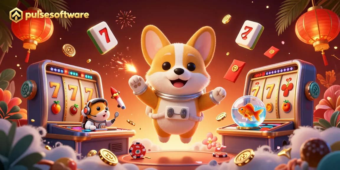 Pulsesoftware showcases a vibrant space casino scene with an astronaut corgi, hamster, and goldfish amidst gaming elements.