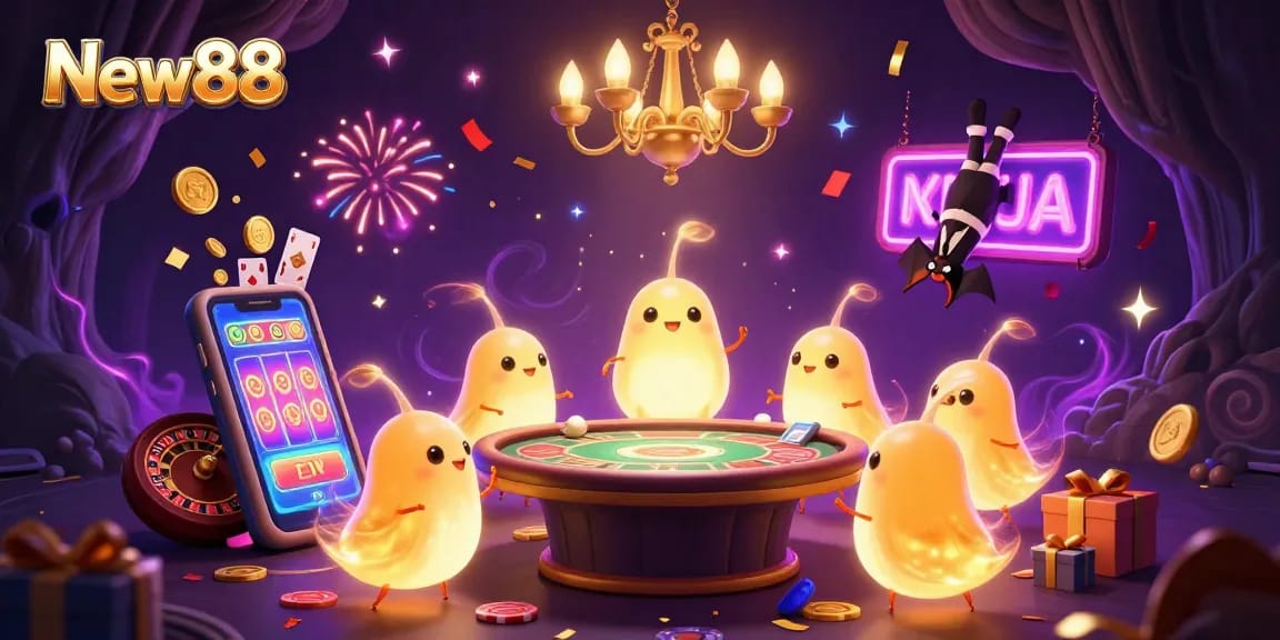 Experience vibrant gaming action at New88, where glowworms bring a cave casino to life amid celebratory elements.
