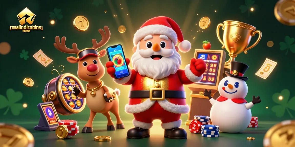 rosalindinnovations showcases Santa in a vibrant casino scene with jackpot slots and festive elements
