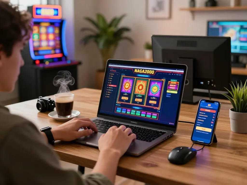 NAGA2000 user engaging in exciting online slot gameplay on a laptop with colorful visuals.