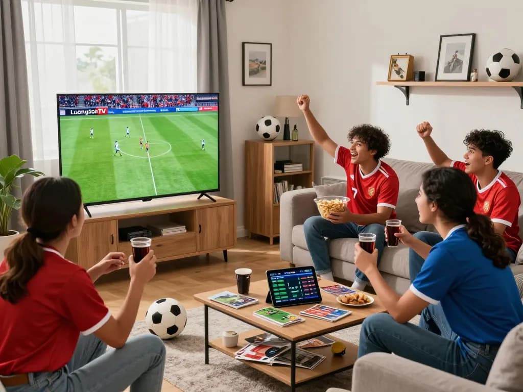 Enthusiastic fans watching live football match on LuongSonTV with snacks and team jerseys in inviting atmosphere.