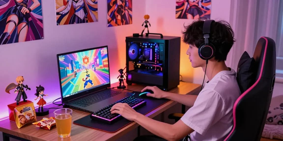 Immersive gaming scene featuring hentai games on laptop in cozy bedroom