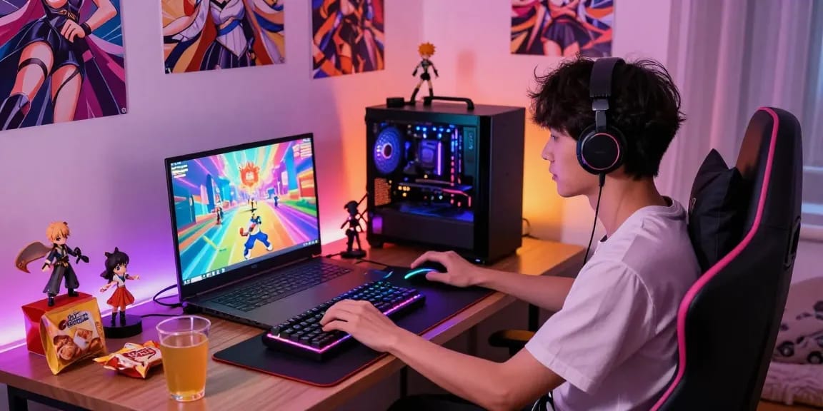 Immersive gaming scene featuring hentai games on laptop in cozy bedroom
