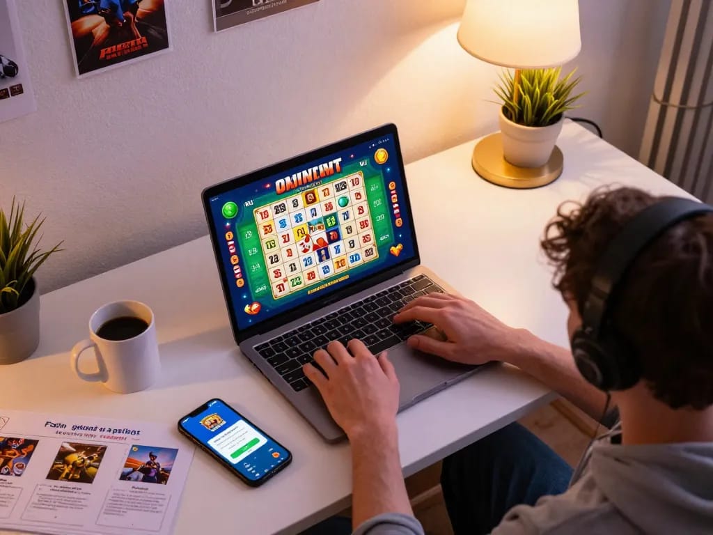 Engaged player using 888b app on laptop for strategic online gaming session