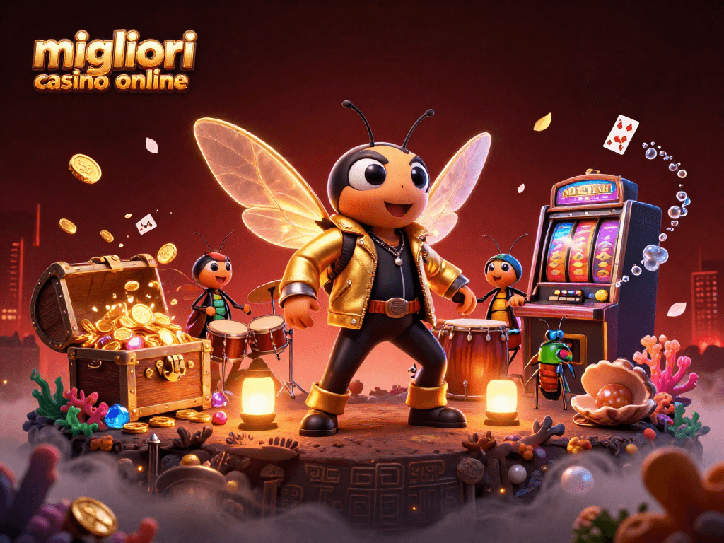 Scopri le emozioni dei migliori casino online con un'illustrazione vivace di una rockstar e avventure subacquee.