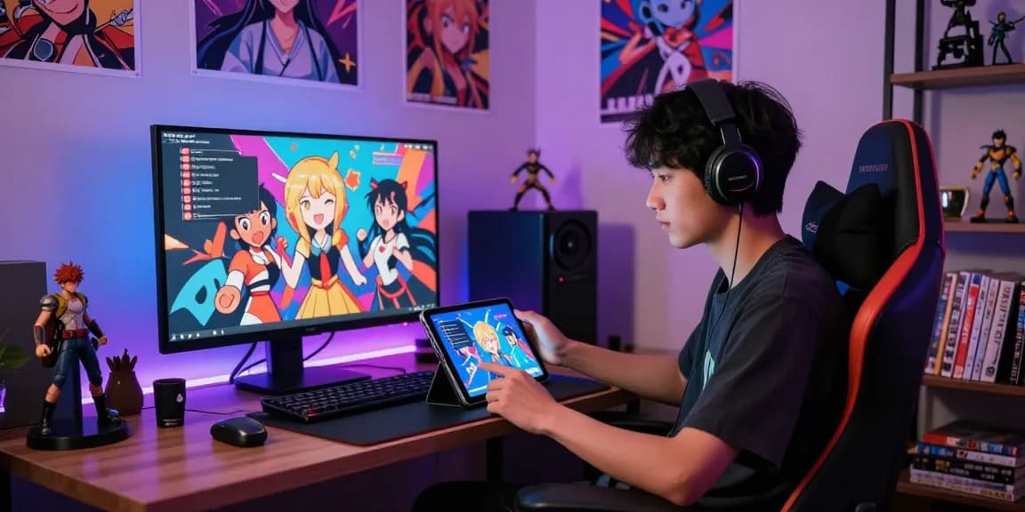 User enjoying an engaging ai ecchi chat interaction on a tablet, surrounded by colorful anime characters and a vibrant gaming environment.