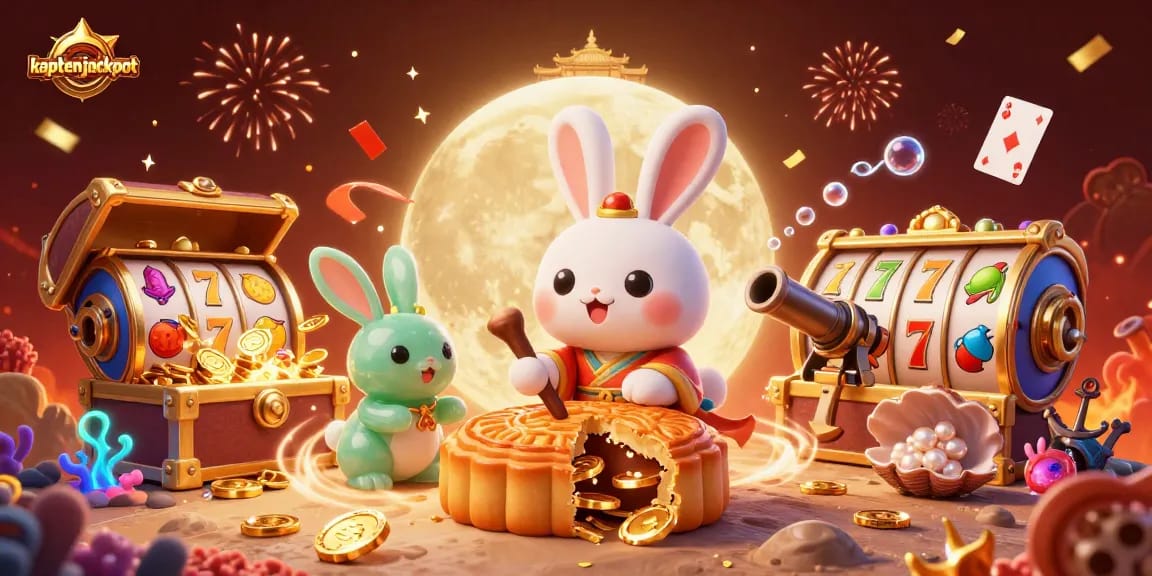 Experience jackpot fun at kaptenjackpot with a cinematic moon rabbit illustration full of vibrant casino elements.