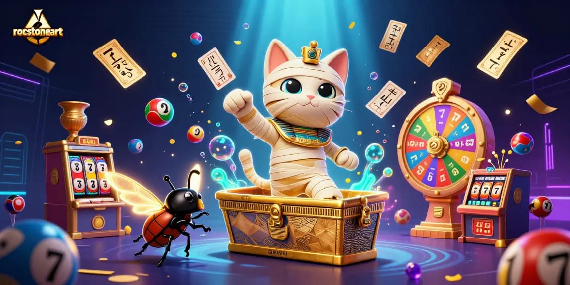 Experience the thrilling action of rocstoneart as the mummy cat and scarab beetle uncover exciting casino treasures.