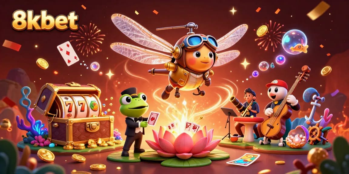 Experience thrilling gameplay and casino excitement with 8kbet's vibrant 3D illustration showcasing dynamic characters and rich casino elements.