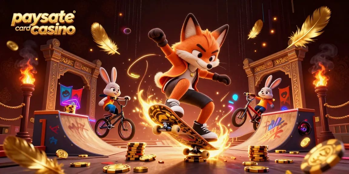 Erleben Sie die Aufregung eines Paysafe Card Casinos mit einem Skateboarder-Fuchs und einem BMX-Hasen in einer dynamischen Szene
