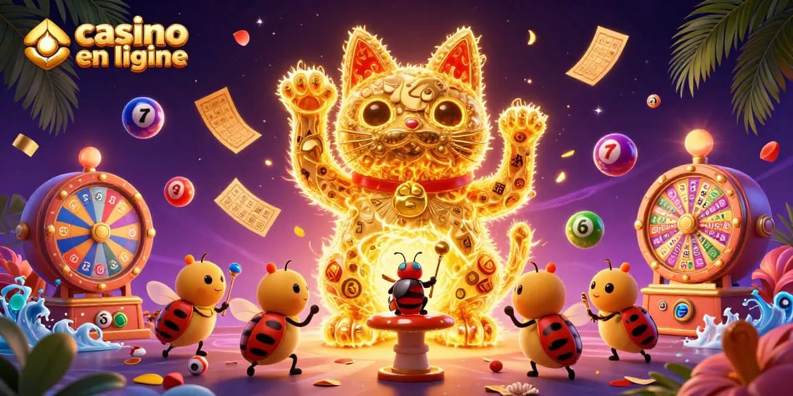 Jouez au casino en ligne avec le chat chanceux vibrant entouré de jeux dynamiques.