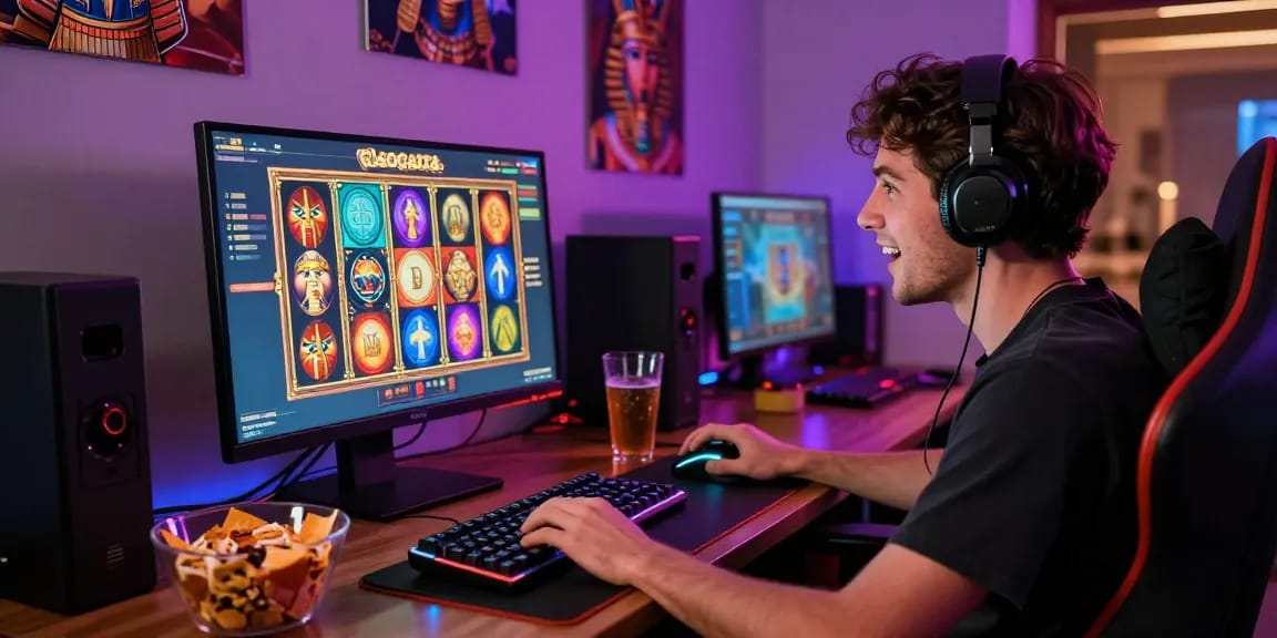 Engaged player enjoying Cleocatra jogar online slot in immersive gaming setup.