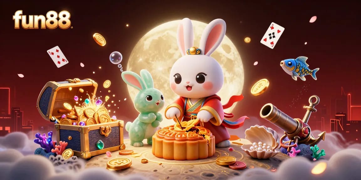 Win big at fun88 with a unique 3D casino scene featuring moon rabbits and poker chips!