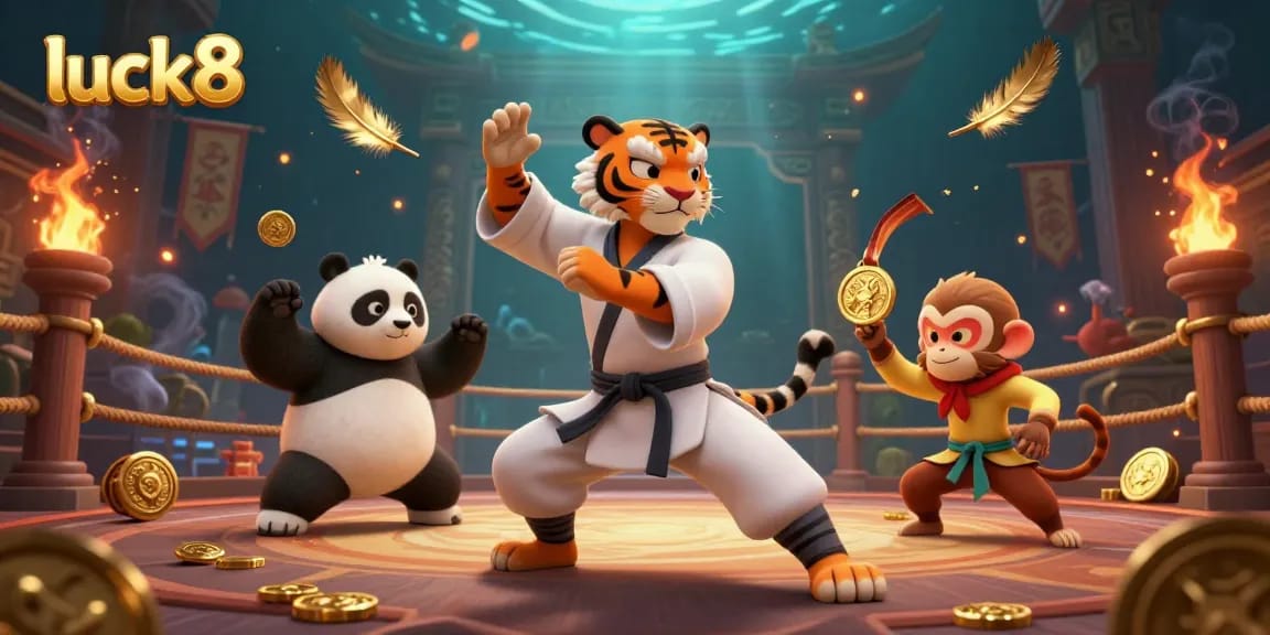 Engage in thrilling gaming with luck8 while a master tiger and panda practice poses amidst dynamic casino elements.