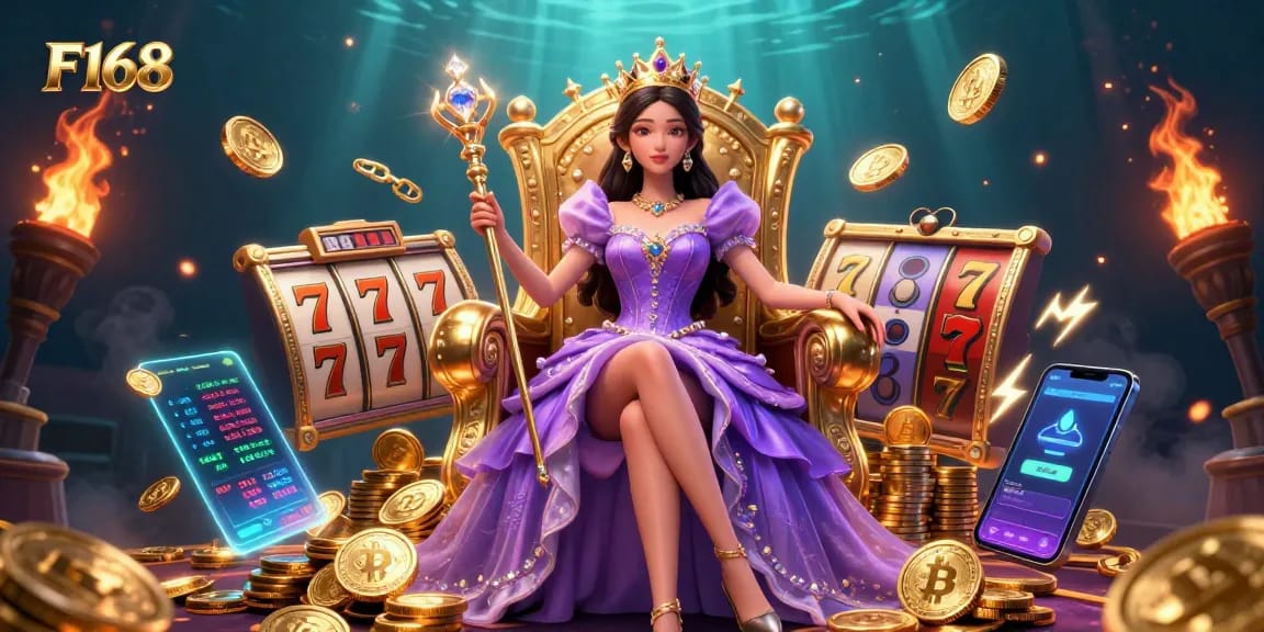 Bet and win with F168 in an immersive casino setting featuring golden tiara and slot machines.