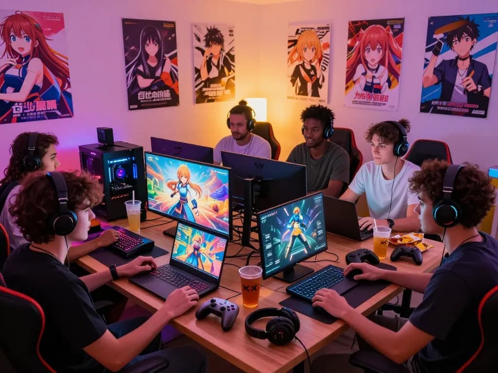 Friends enjoying multiplayer xxx games in a cozy gaming room with vibrant decorations.