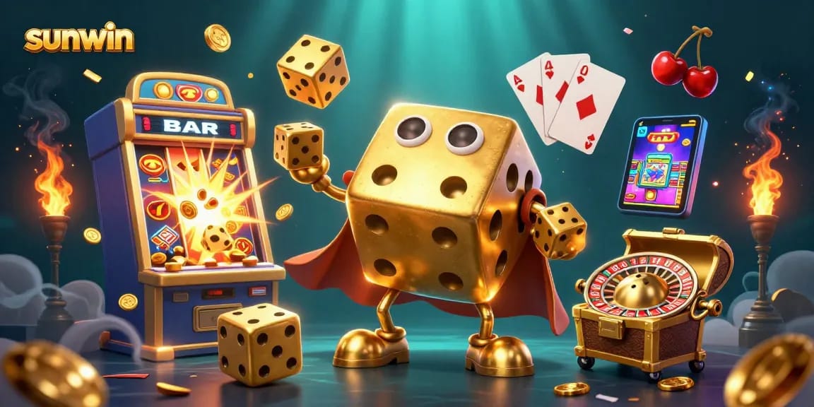 Unleash your luck with sunwin at a vibrant casino scene featuring golden dice, a slot machine, and a treasure chest!