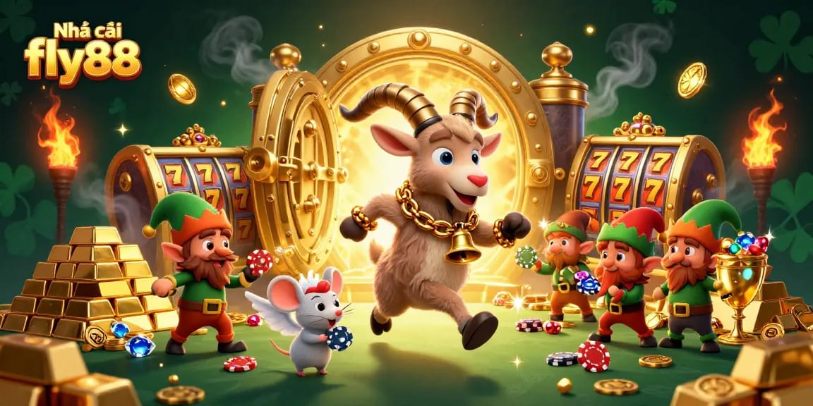 Nhà cái fly88 showcases a festive casino scene with Krampus, a mouse, and gremlins stealing chips.